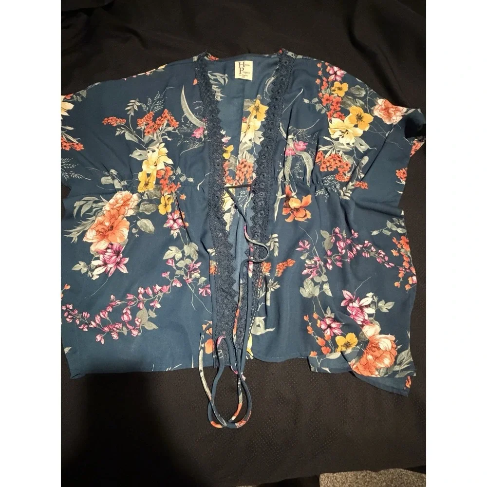 Haute Project Los Angeles Kimono Top~2XL~ Teal Crochet Trim Waist Tie Boho Chic - Picture 7 of 12